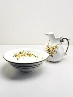 Vintage Nora Fenton Italian Pitcher Wash Basin Set Yellow Floral Ceramic 11" 12"